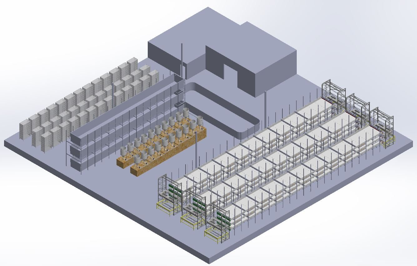 3D model of the Starponic Farms production facility layout: rows of automated hydroponic growing racks, tanks, and the building
